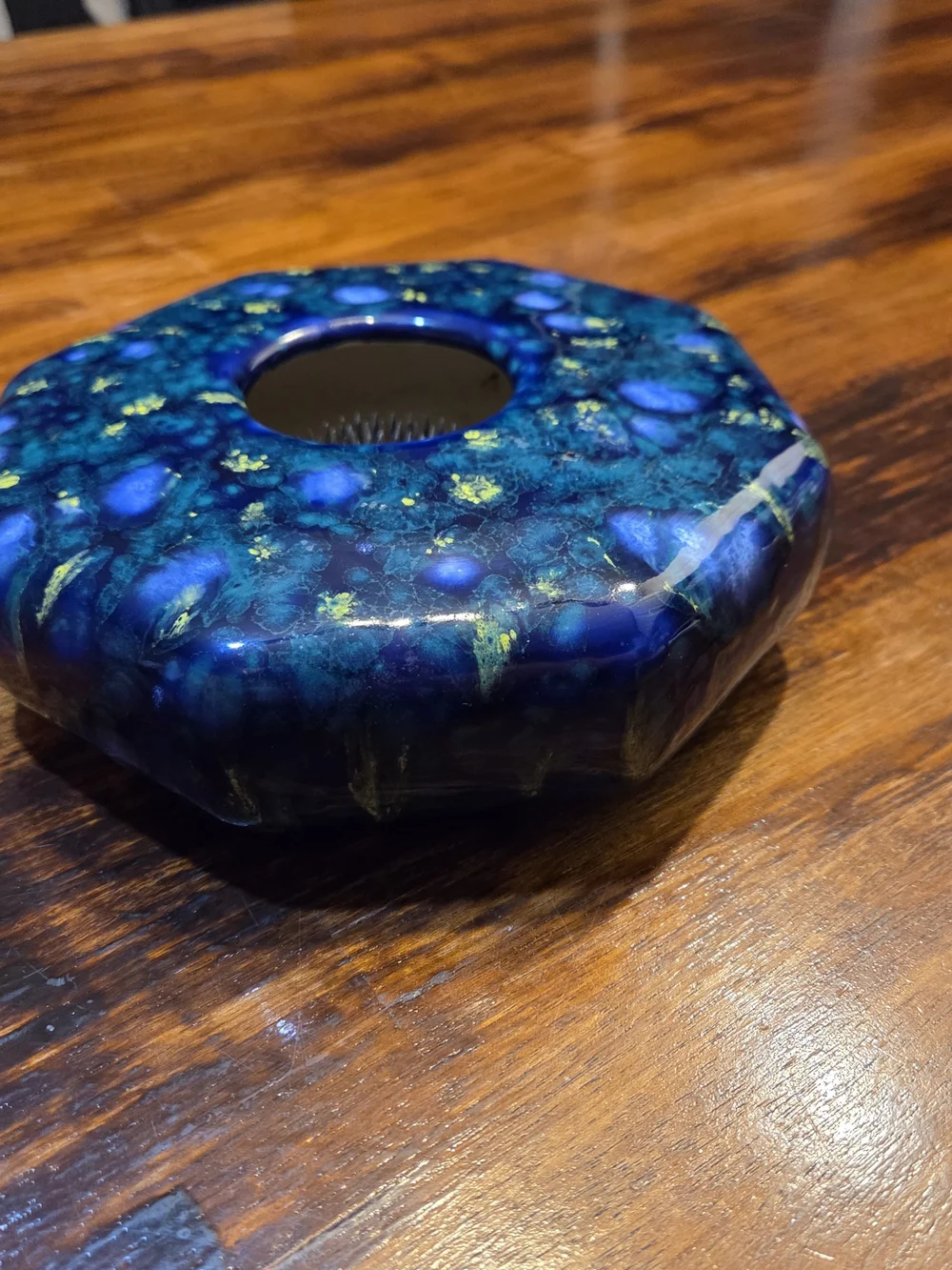 Signed, Handmade Blue Art Pottery Flower Frog Mint condition Medium Sized 7